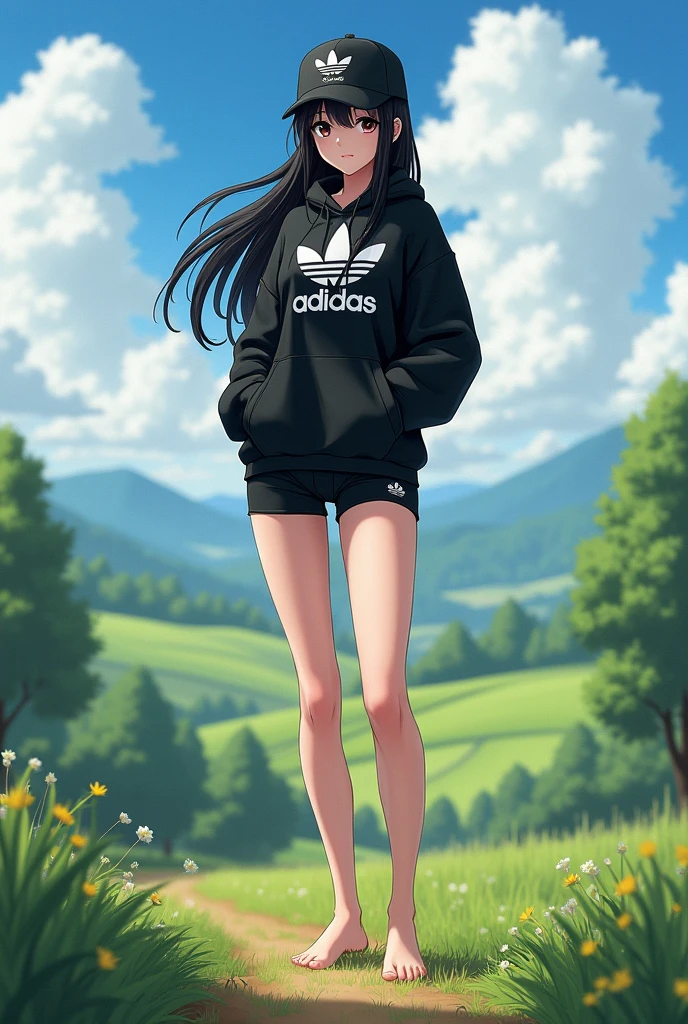 Sexy tall anime girl, long black hair, black eyes, barefoot, wear black adidas cap, wear black adidas hood, wear black panties, background is countryside, stepped in shit, whole body