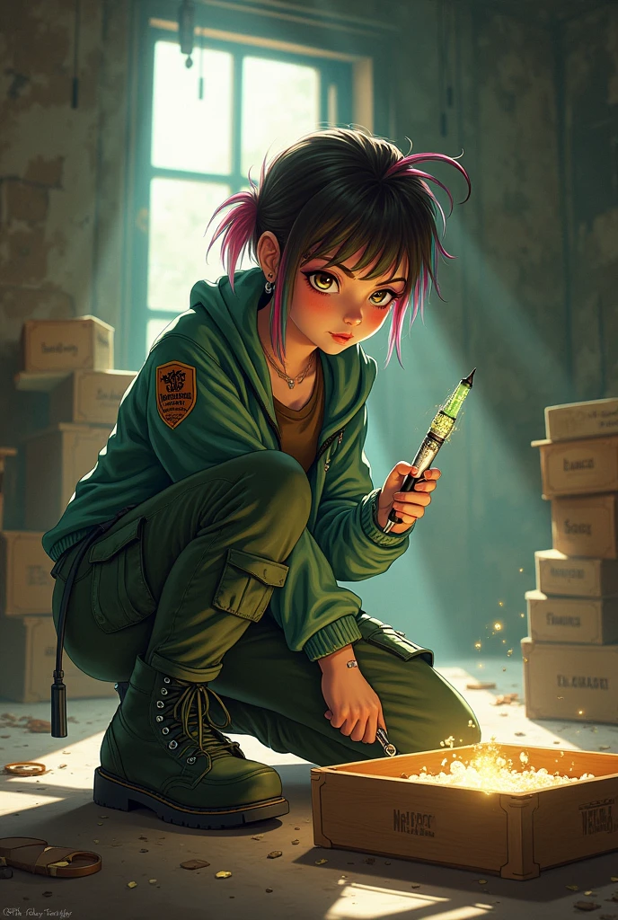 Finding the PenCharacter: A with brown eyes and punk-style hair, featuring streaks of bright colors. Her face shows a mix of curiosity and surprise. The girl has a youthful, adventurous look, with a hint of mystery in her expression.Top Attire: A green, fitted jacket with metallic buttons and a few patches sewn on.Bottom Attire: Dark green cargo pants with lots of pockets.Footwear: Sturdy, green combat boots with black laces.Background: A dusty attic filled with old, wooden boxes, cobwebs, and beams of sunlight streaming through a small window.Action: The girl is kneeling on the floor, holding a glowing, intricately designed pen that she has just found in an open box. Her eyes are wide with curiosity as she inspects the pen.