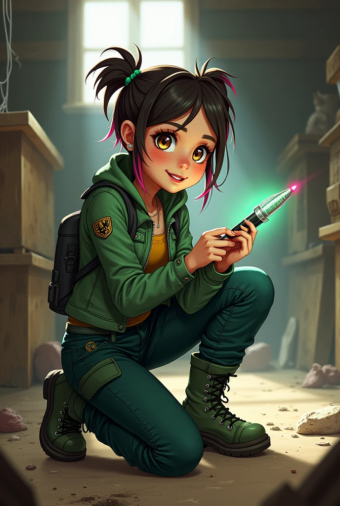 Finding the PenCharacter: A  with brown eyes and punk-style hair, featuring streaks of bright colors. Her face shows a mix of curiosity and surprise. The girl has a youthful, adventurous look, with a hint of mystery in her expression.Top Attire: A green, fitted jacket with metallic buttons and a few patches sewn on.Bottom Attire: Dark green cargo pants with lots of pockets.Footwear: Sturdy, green combat boots with black laces.Background: A dusty attic filled with old, wooden boxes, cobwebs, and beams of sunlight streaming through a small window.Action: The girl is kneeling on the floor, holding a glowing, intricately designed pen that she has just found in an open box. Her eyes are wide with curiosity as she inspects the pen.