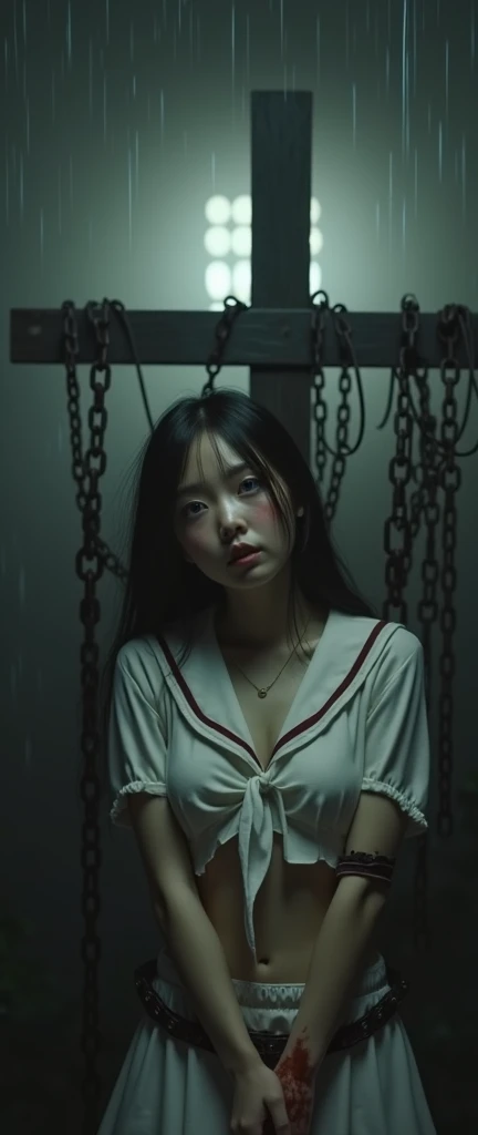 (32K:1.9, Horror expression:1.9, Highest quality, masterpiece, Ultra-high resolution), Professional random camera work, Perfect dynamic composition, Highly detailed skin and facial textures, Detailed eyes, Detailed limbs, (The Darkest Dungeon:1.3), cute, Sexy and slim Japanese schoolgirl:1.2, Fair skin, Tilt your head, (5 Zombies:1.7, Zombie touching a woman:2.0, Raindrops falling from the ceiling:1.5), (Burstingly Big Breasts, areola is not visible, Big cleavage, A look of despair:1.3, Expression of despair:1.3, Totally captivates you, A tattered pure white sailor uniform:1.5), Beautiful Blue Eyes, Beautiful erotic eyes, Sexy Face, blush, Beautiful sensual atmosphere, ((Bloody:2.0, Covered in bruises:2.0, Bruises on the face:2.0, Lots of big chains:1.9, Crucified:1.9, Countless chains tangled in clothes:1.9, His right arm is attached to a cross:1.9, The left arm is attached to a cross:1.9, Both hands are chained、Tied tightly to the cross, The right leg is bound with a shackle and chain:1.9, The left leg is bound with a shackle and chain:1.9)), (Too erotic)
