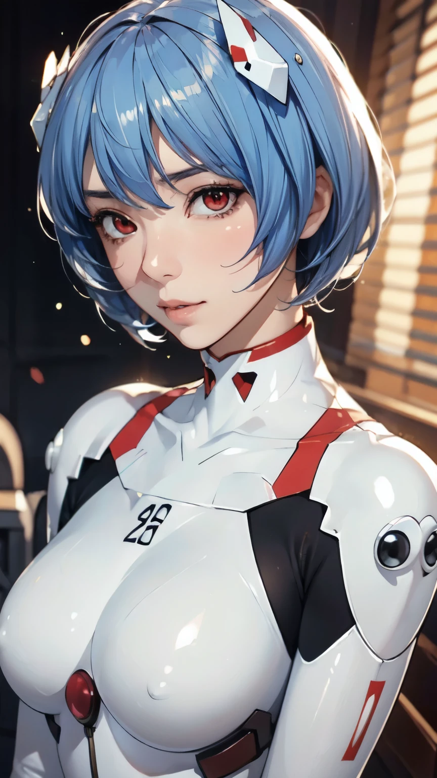 1 person、solo、Staring at the audience、Real、ayanami_rey、Blue Short Hair、Bobcut、White bodysuit、White hair ornament、gloves、Red eyes、soloフォーカス、Beautiful and aesthetic face、Detailed face、clean facial features、Very delicate and beautiful、Beautifully detailed eyes、Stars in my eyes、Pink Lips、Perfect Face、sexy、slim、Large Breasts、Are thin、Close-up of face、Ultra Close-Up、Expressionless、scenery、Red Sea、Shiny Suit、