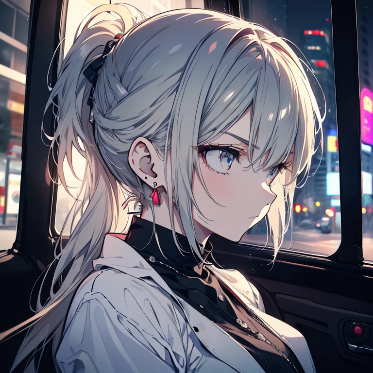 1 person、Mature、Ample breasts、ponytail、Silver blonde hair、suit、Ruby Earrings、Inside the car、profile、Holding your smartphone in your right hand、call、Serious face、Angry、Sharp Eyes、Through the window、Downtown、Night view、effect、Highest quality