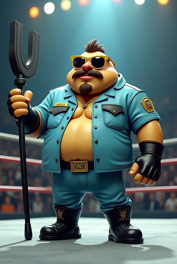 Cartoon Bass fish, dressed like WWE wrestler Big Boss Man
Cartoon Bass fish body. Cartoon Bass fish head. Cartoon Bass fish arms. Cartoon bass fish hands.
Gold glasses with black shades.
Short brown mustache and beard.
Light blue prison guard shirt with black pockets. Shirt buttoned up. Gold badge on chest. Blue pants. Black wrestling boots. Black gloves. Carrying a black nightstick
Standing in a wrestling ring.