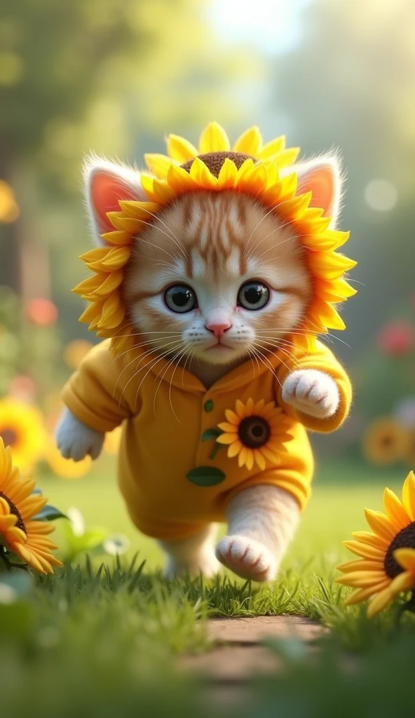 3D cute baby kitten、She is wearing a costume with lots of happy sunflowers on it.、running、House garden,masterpiece, Background Blur,