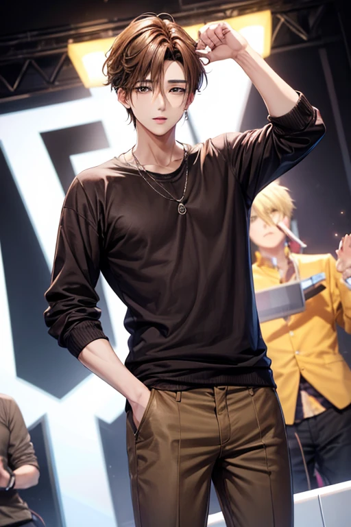 Male Kpop idol with light brown hair, age 28,  wears semi dark clothing