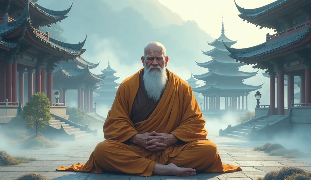 Old fat monk master, mist covered, surrounded by temples, beautiful scenario, temples, in anime style, wisdom full,