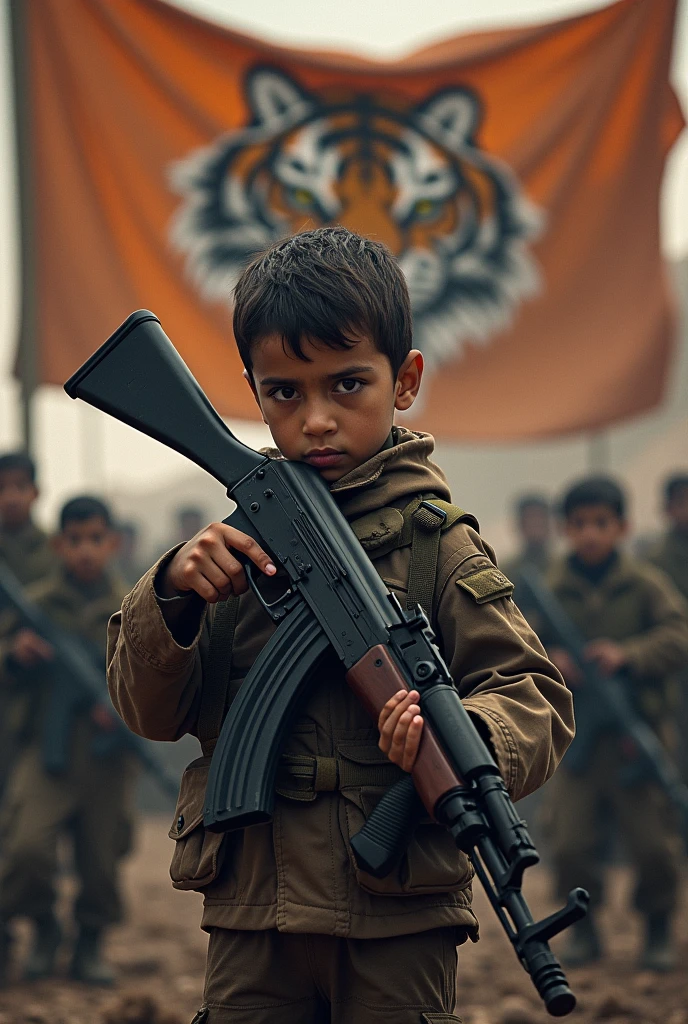 Make a kid having ak-47 and make a flag of tiger stripes behind him with the name of "OMC Organization of Muslim Childrens " standing in front of many army kids
