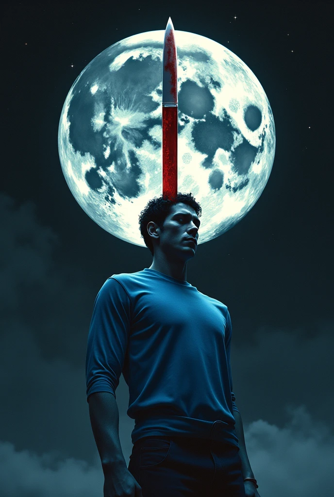 Blue square shaped shirt guy insert the bloody knife in centre of the moon