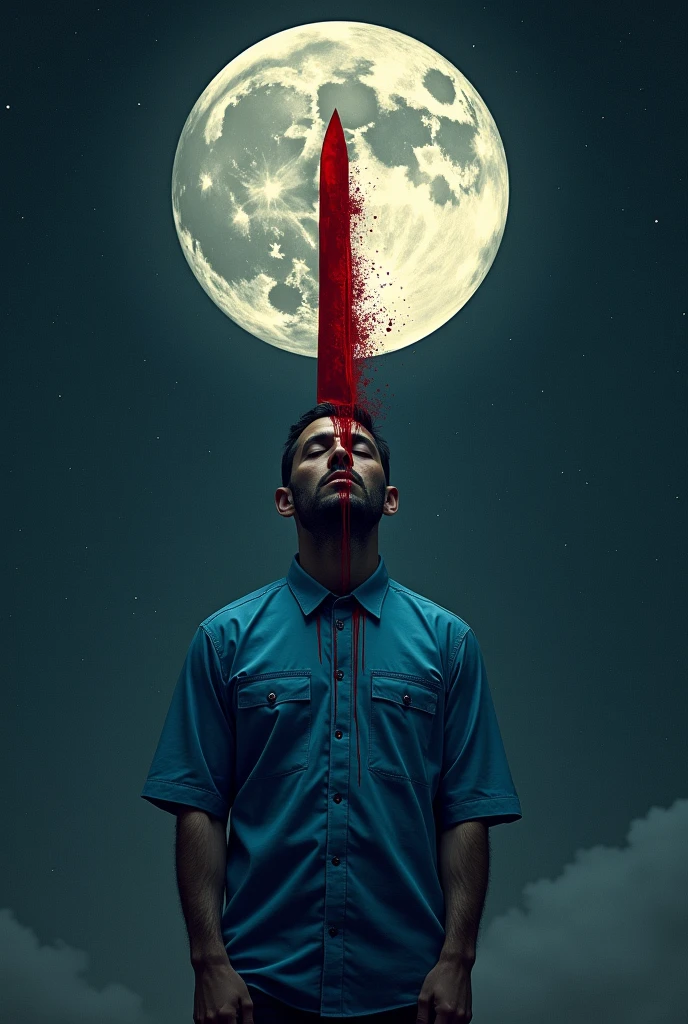 Blue square shaped shirt guy insert the bloody knife in centre of the moon