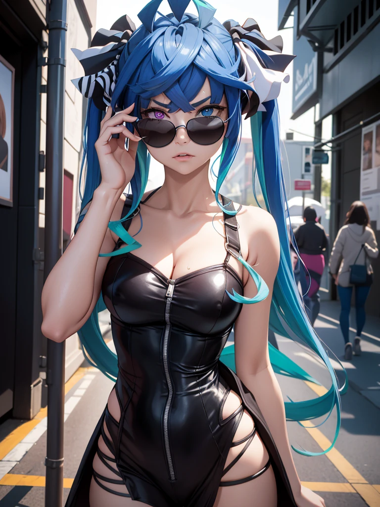 (masterpiece、top-quality、hight resolution、Unity 8k、extremely details CG:1,Best Picture), Twin_Turbo_Umamusume, aqua hair, twintails, heterochromia, purple eyes, blue eyes, sharp teeth, "A famous porn star, standing at the entrance of a rental video store, looking at a poster of herself displayed prominently. She is wearing a pair of sunglasses as a disguise, but her body language reveals a deep sense of self-reflection and inner conflict. The scene captures her from the side, showing her in a moment of quiet self-reckoning. The contrast between her public persona on the poster and her private turmoil is evident as she realizes how exposed her body and intimate acts are to the public. Whether the poster is shown or not, the focus is on her expression and the internal struggle she faces."