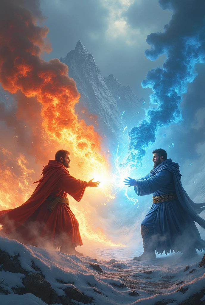 (Photorealism:1.2), The final battle between the fire mage and the ice mage、Dynamic, cinematic composition