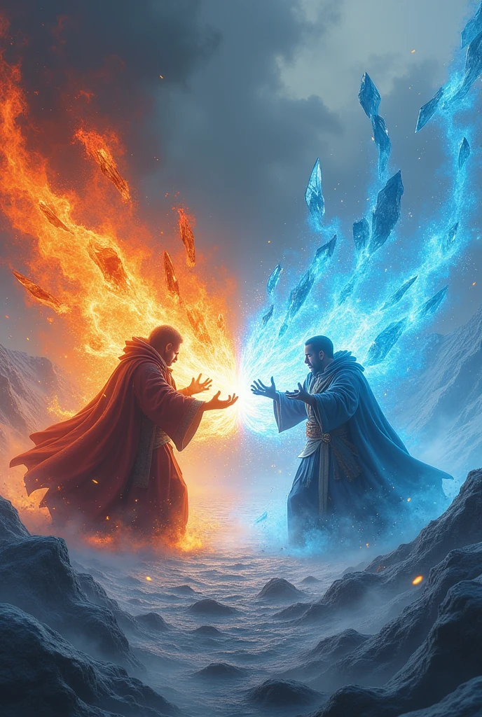 (Photorealism:1.2), The final battle between the fire mage and the ice mage、Dynamic, cinematic composition