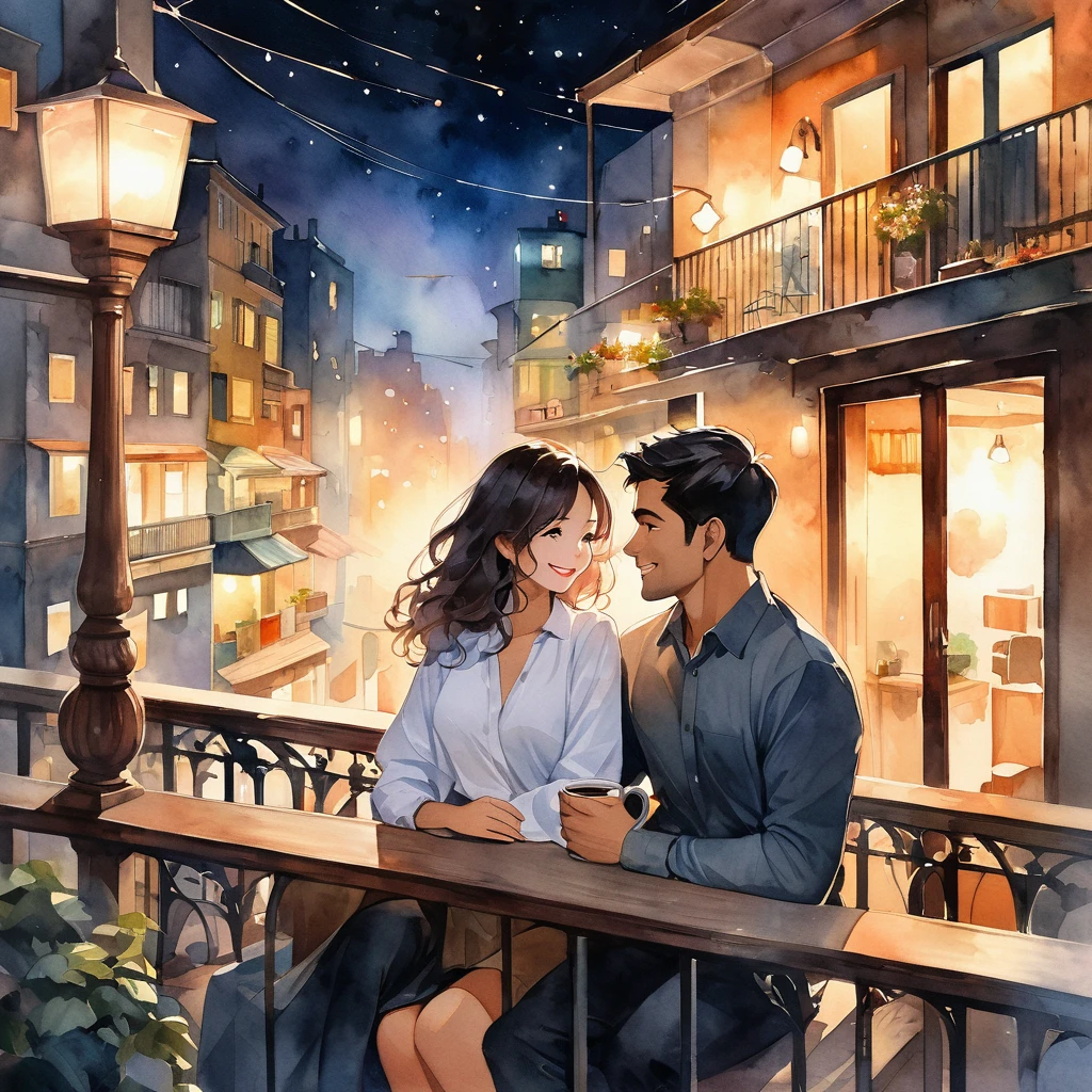 HD image in watercolor, oil painting, and modern pulp art mixed style, depicting an Indian husband and wife on a coffee date, sitting on a balcony at night in an urban city. They are looking at each other, smiling warmly, with an atmosphere of romance. The background features light-colored, plain hues that subtly contrast the night scene. The couple is in casual attire, and the scene highlights their love and connection under the city lights.