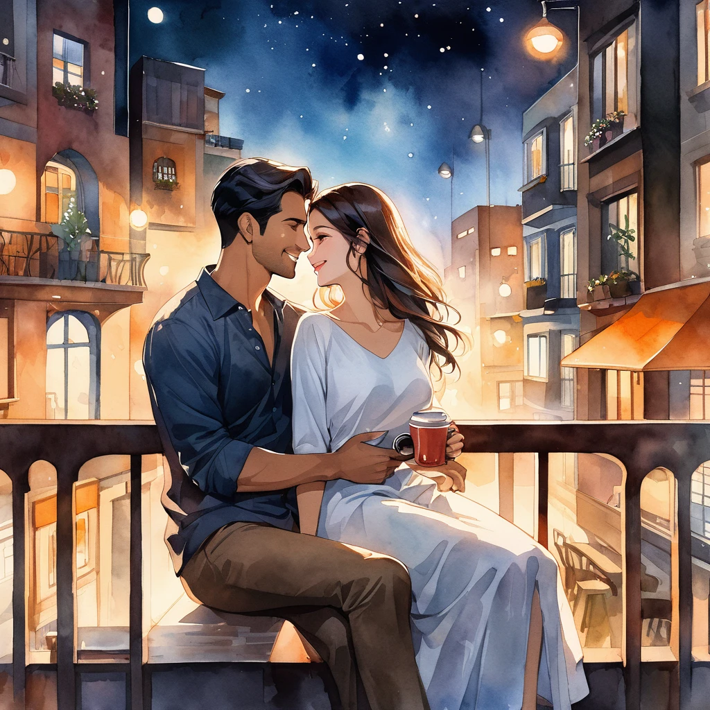 HD image in watercolor, oil painting, and modern pulp art mixed style, depicting an Indian husband and wife on a coffee date, sitting on a balcony at night in an urban city. They are looking at each other, smiling warmly, with an atmosphere of romance. The background features light-colored, plain hues that subtly contrast the night scene. The couple is in casual attire, and the scene highlights their love and connection under the city lights.