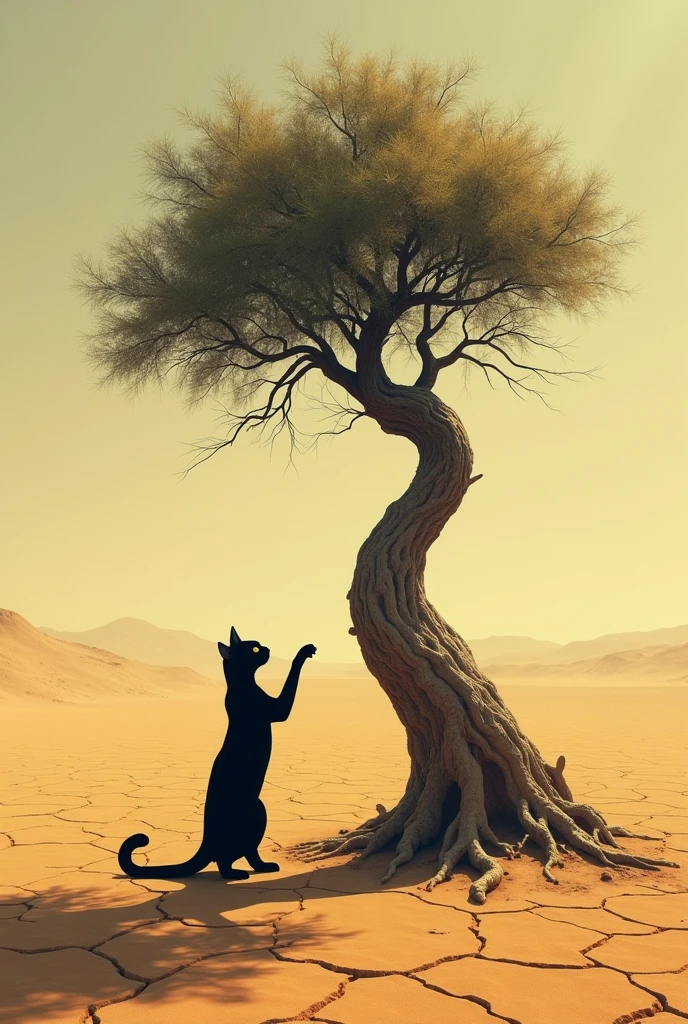 A black cat cutting a last single tree in the desert