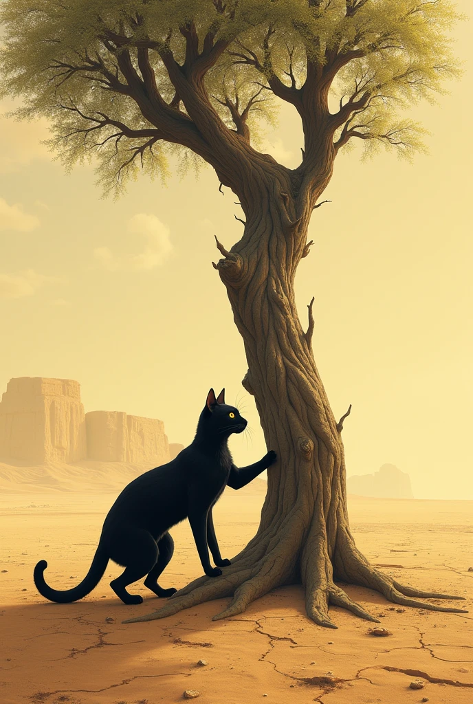 A black cat cutting a last single tree in the desert