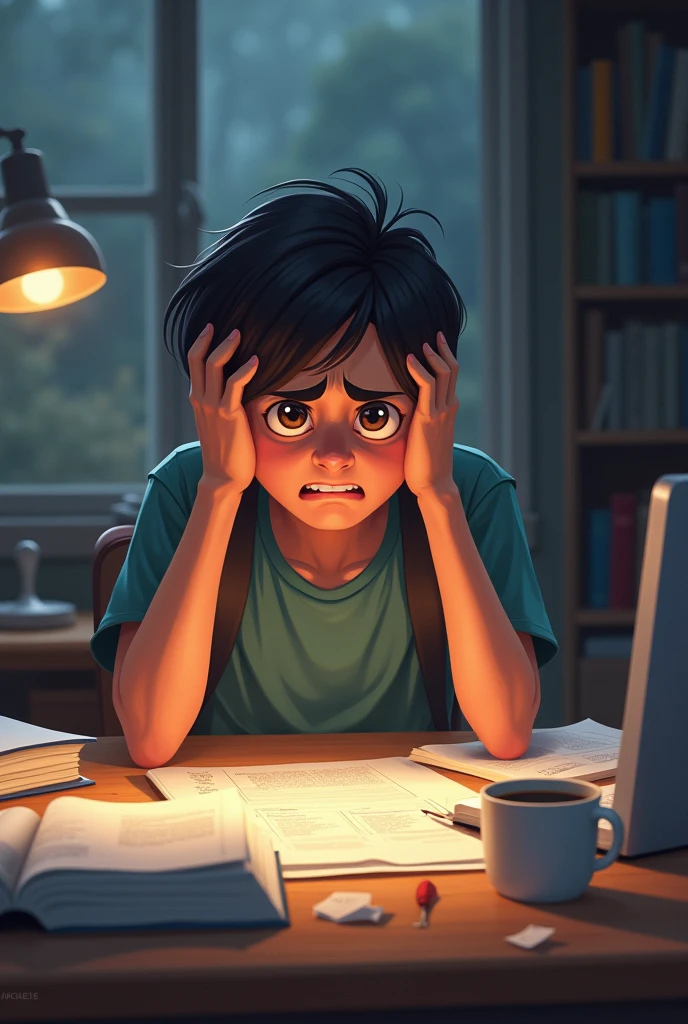 A student with a look of confusion or anxiety while studying for a test.