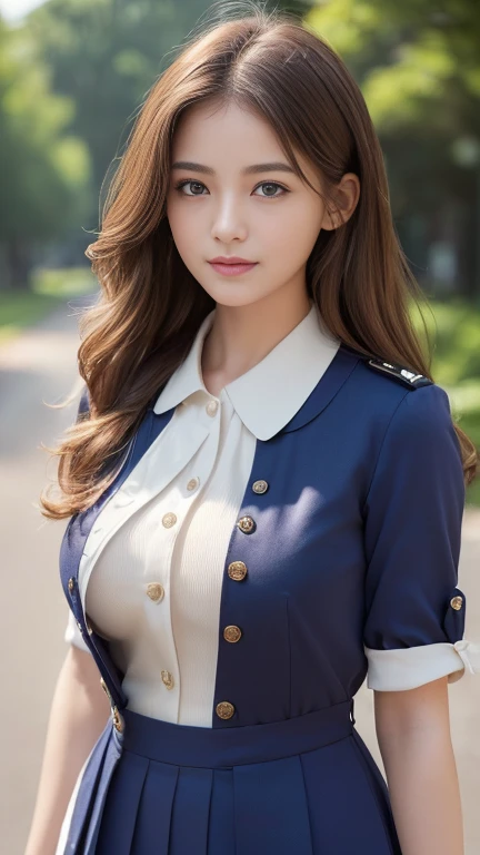 ((((masterpiece, Highest quality, High resolution)))), Extremely detailed 8K, スリムな体を持つsexyな美しい18歳の女性, (Ultra HD, Very detailed, Composition above the knee,Very detailed, Very realistic, Ultra-realistic, Photo realistic),{ The depth of deep writing, (Godley:1.2), (bounce front lighting:1.1), (Soft and diffuse lighting:1.6) } (One person:1.5), Long wavy brown hair, (ダイナミックなsexyなポーズ), (Very delicate and natural hair:1.3), To the camera, A light smile, (Large and firm breasts: 1.2), (Very delicate and natural face, Very delicate and natural eyes:1.3),(Very delicate and natural clothing:1.2),(Wearing uniform, The chest buttons are not fastened, The chest of the uniform is wide open, I can see your chest:1.6) (Sorry、This text cannot be translated。:1.3), Shine, I&#39;m sweating a lot, (Light of the sun, sunlight), sexyな長い脚,sexy, blush, (Ultra-realisticな広大な風景, photogenic scenery:1.1), big, Modern and luxurious city, Coastal, Very windy day, Hair blowing in the wind