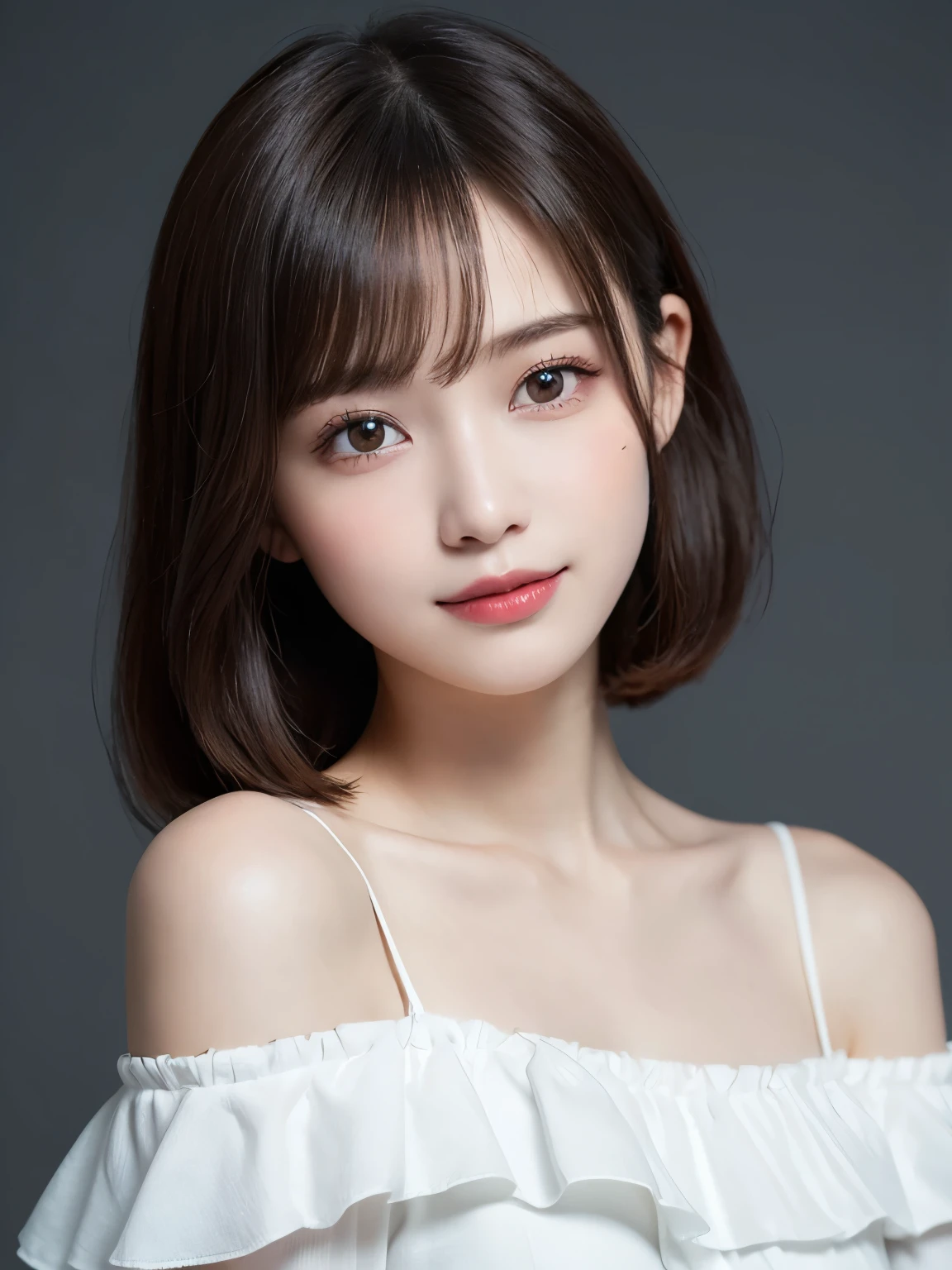 silver background, full body portrait, looks very happy, smile, one girl, (a beauty girl, delicate girl:1.3), (20 years old:1.3), (off white off shoulder dress), very fine eyes, (symmetrical eyes:1.3), C cup breasts, brown eyes, parted bangs, short hair, (eyes and faces with detailed:1.0), (masterpiece, best quality, ultra detailed, detailed face, 8k)