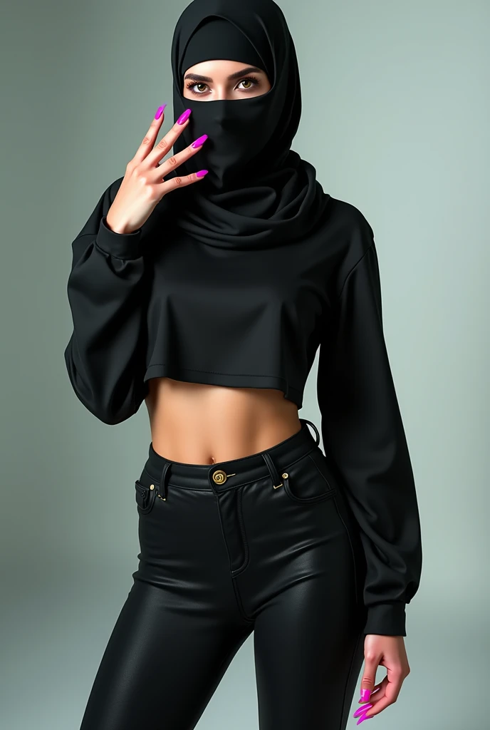 Real, Niqab girl, crop top und leggings, pink high heels, sexy pose, long fingernails