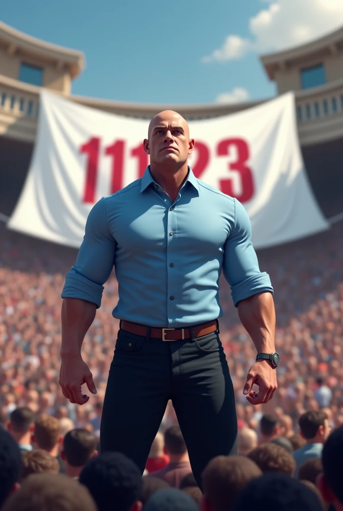 A bald muscular candidate in a sky blue shirt and black pants stands in front of a crowd of people with a white banner reading 11123 