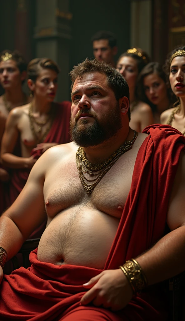 a naked overweight ancient roman senator, beautiful detailed eyes, beautiful detailed lips, extremely detailed face and body, surrounded by several prostitutes wearing only jewelry, high quality, hyper detailed, photorealistic, 8k, dramatic lighting, chiaroscuro, cinematic composition, dramatic colors, dramatic lighting, glowing skin, ornate decorations, intricate patterns, rich textures, luxurious details, lavish environment