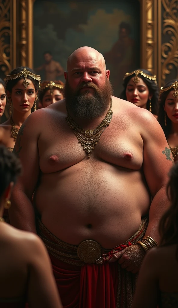 a naked overweight ancient roman senator, beautiful detailed eyes, beautiful detailed lips, extremely detailed face and body, surrounded by several prostitutes wearing only jewelry, high quality, hyper detailed, photorealistic, 8k, dramatic lighting, chiaroscuro, cinematic composition, dramatic colors, dramatic lighting, glowing skin, ornate decorations, intricate patterns, rich textures, luxurious details, lavish environment