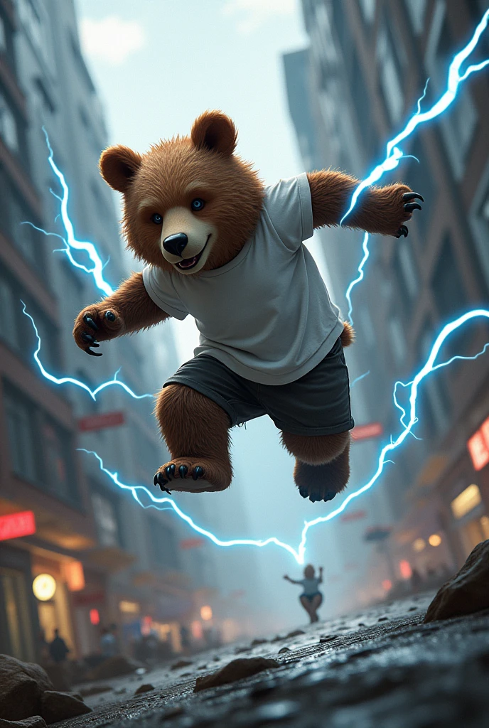 A bear doing parkour with lightning elements. The image of the bear should be cool, not fierce, with strong lines. Some bears wear white T-shirts. The bear's movements are very tense.