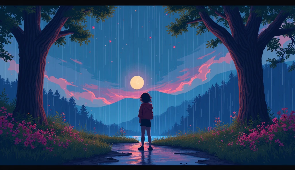 pixel art dot painting scenery chill lofi 90s girl sheltering from the rain rain
