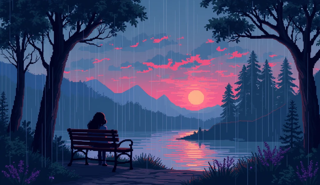 pixel art dot painting scenery chill lofi 90s girl sheltering from the rain rain