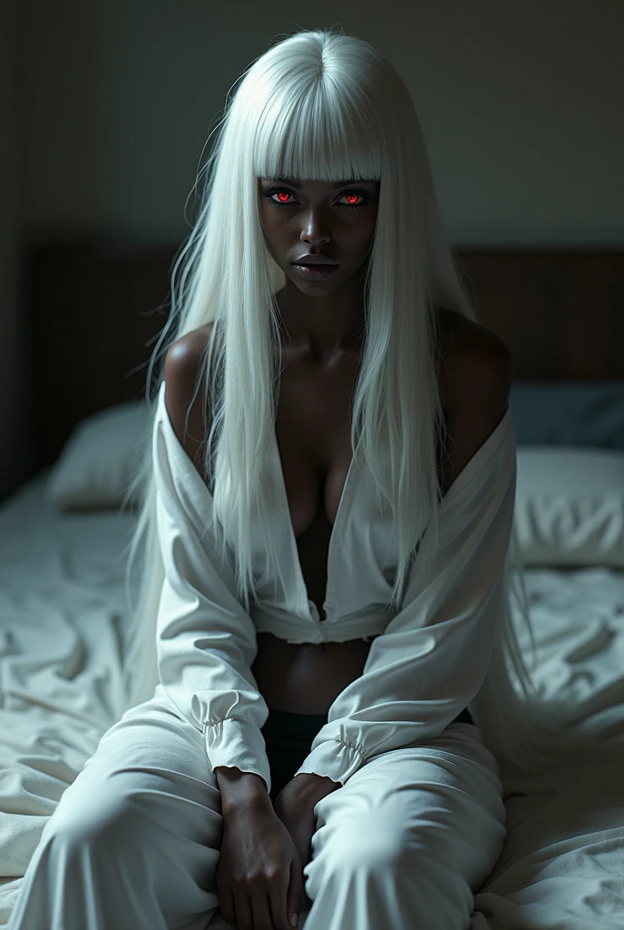 Beautiful white haired woman red eyes dark skin with a huge penis futanari naked uncensored sitting on the bed, wearing a loose blouse with bare shoulders, pajama pants, short hair and with gloomy colors