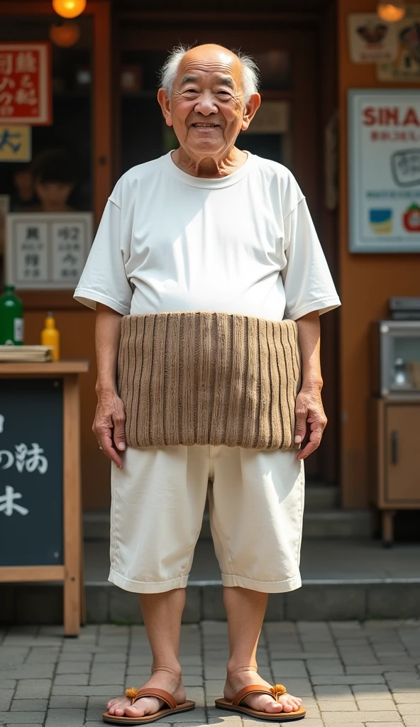 High resolution, masterpiece,Standing in front、In the whole body frame、Japanese、old man、Very short stature、Wrinkle、bald、Blushing, A charming face、Plain white T-shirt、Slightly obese body type、Brown knitted belly warmer、Wearing white shorts、Weird old man style、Shoes Sandals、Retro style bar snack background

