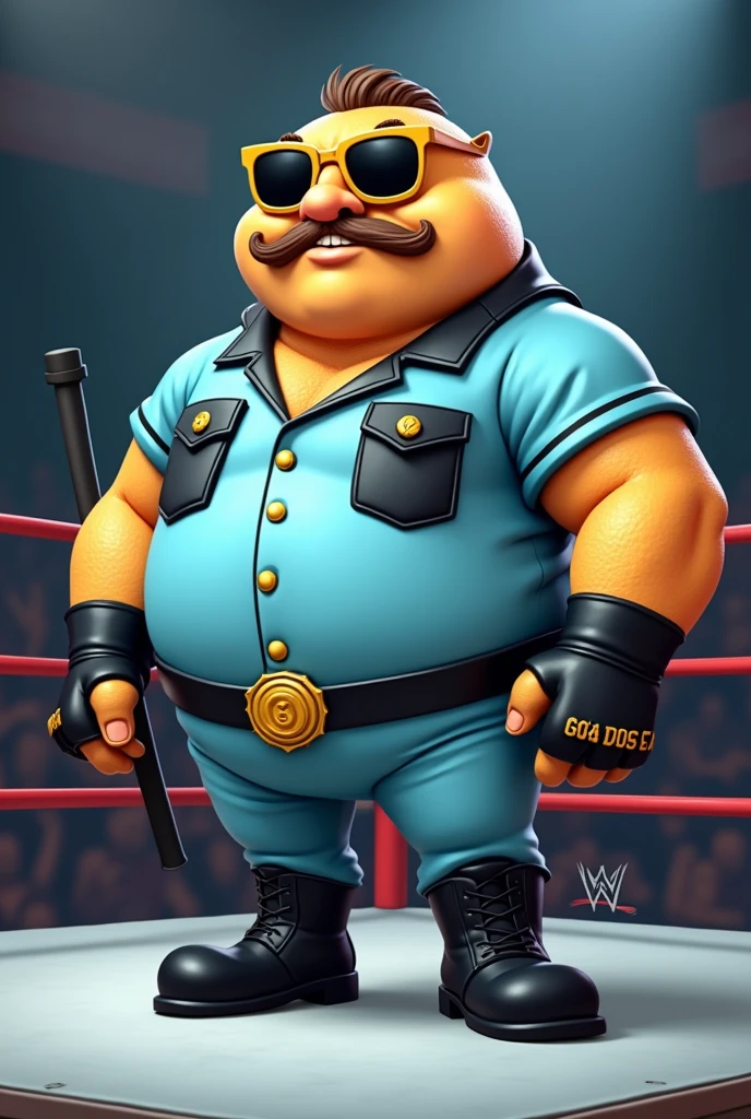 Cartoon Bass fish, dressed like WWE wrestler Big Boss Man
Cartoon Bass fish body. Cartoon Bass fish head. Cartoon Bass fish arms. Cartoon bass fish hands.
Gold glasses with black shades.
Short brown mustache and beard.
Light blue prison guard shirt with black pockets. Shirt buttoned up. Gold badge on chest. Blue pants. Black wrestling boots. Black gloves. Carrying a black nightstick
Standing in a wrestling ring.