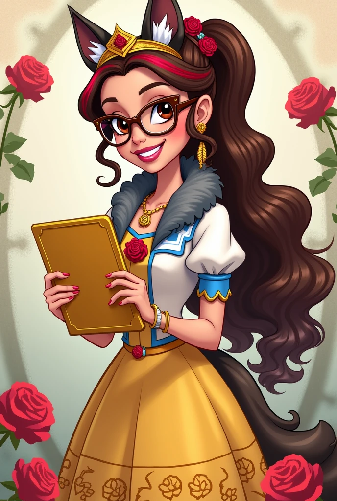 Imagem da filha da Ramona Badwof e da Rosabella Beauty de Ever After High: Long wavy brown ponytail with red streaked bangs, first of all, light brown eyes, brown glasses with a red rose, white blouse with blue, with roses on the blouse and sleeves, yellow skirt with golden roses, a faux fur collar around the neck of gray color, wolf earrings, wolf necklace, golden flower tiara on head, You have to be holding a yellow tablet with red roses in your hands, You have to have red highlights in your hair and you can&#39;t have wolf ears on your head 