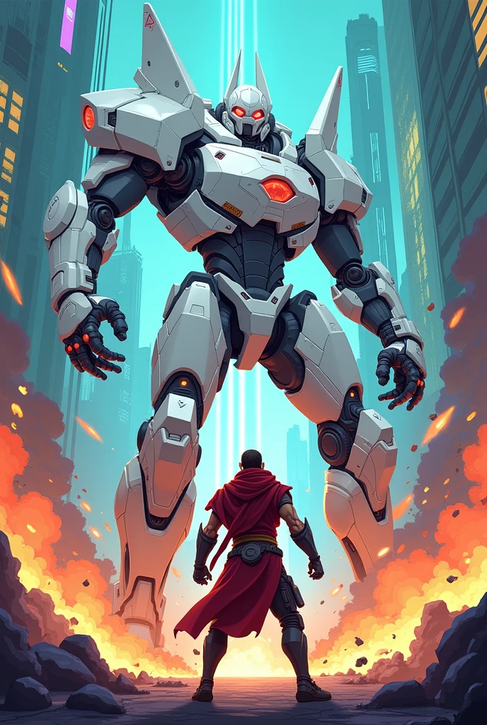 Aryan defeat zeta white robot cartoon style pic 