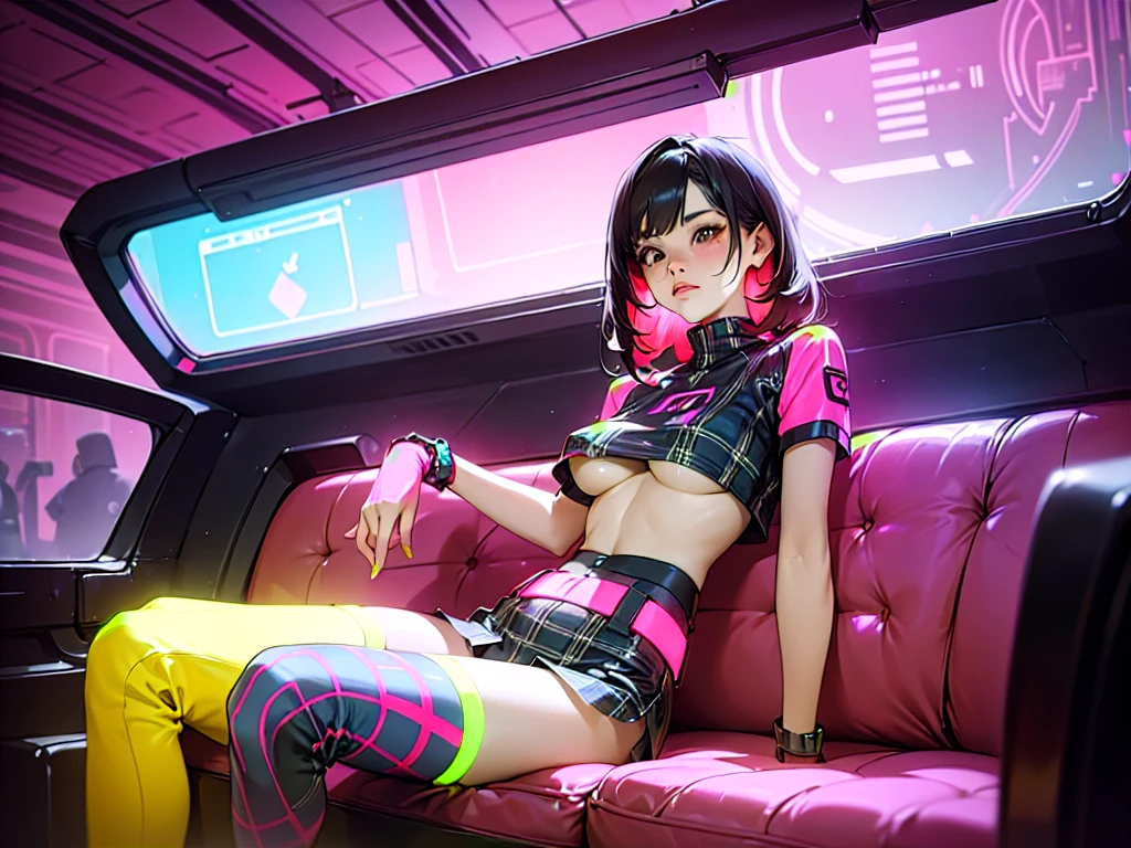 cute woman, tech wear, sitting in old-school sofa, retro plaid sofa, 70's atmoshphere, neon technologic outfit, glowing effects, crazy colors, great color palete, underboob, thighhighs,retro interiors, interior design,