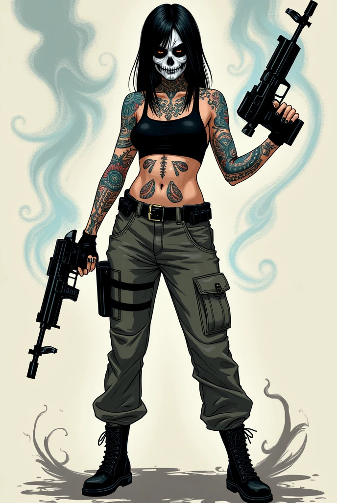 /imagine prompt: Katrina, a woman with deathly pale skin, black straight hair, and tattoos representing underworld symbols, instinctively forming a pistol-holding pose with her hands. To her surprise, her tattoos come to life, transforming into real weapons - two pistols blending technology and magic. Her face adorned with skull makeup, paying tribute to La Catrina and the Day of the Dead. She wears tactical clothing - cargo pants, a black top, and tactical boots. Illustrate Katrina in full body, comic 2D style, showcasing the mystical transformation of her tattoos into firearms, embodying a mix of technology and magic, with a nod to La Catrina, the Day of the Dead, and tactical attire, --ar 16:9 --v 5