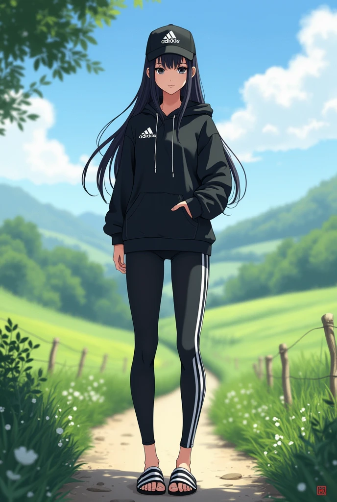 sexy tall anime girl, long black hair, black eyes, wear black adidas striped slippers white and black, barefoot, wear black adidas cap, wear black adidas hood, wear black adidas hot pants, background is countryside