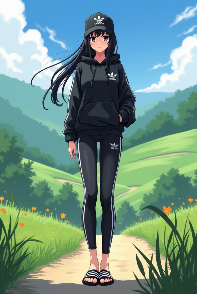 sexy tall anime girl, long black hair, black eyes, wear black adidas striped slippers white and black, barefoot, wear black adidas cap, wear black adidas hood, wear black adidas hot pants, background is countryside