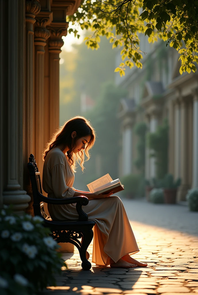 Courtyards of Saint Petersburg. evening, magic, shine, summer, Deserted, on the bench a girl reading a book
