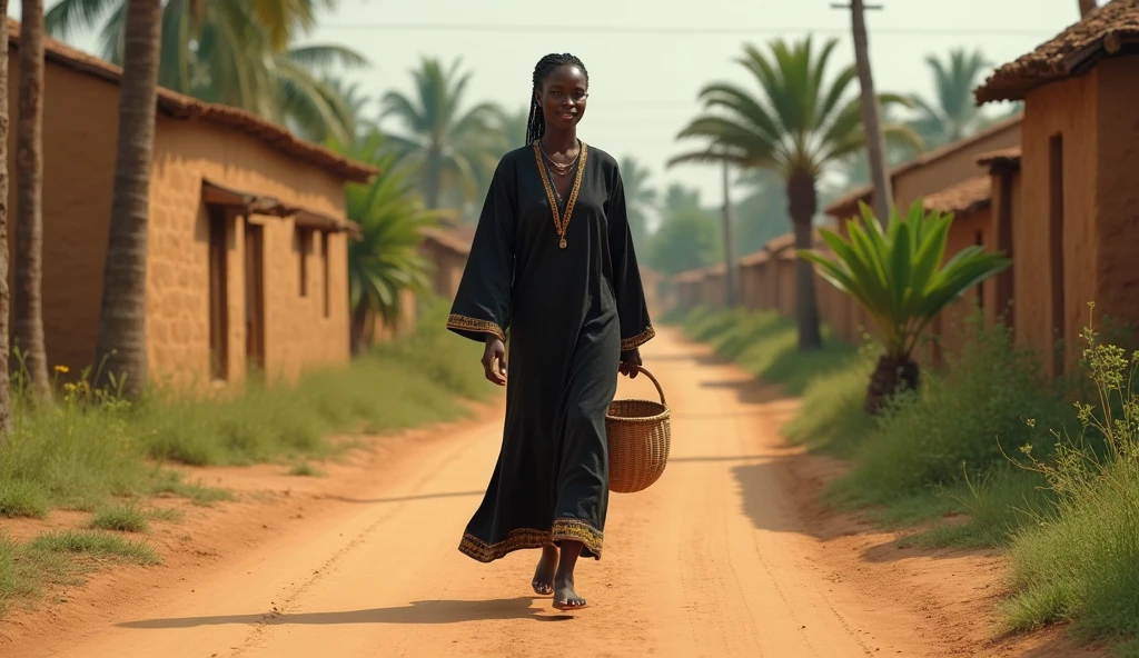 An African young woman walking on a village African road with a basket in hand wearing a long dark robe
