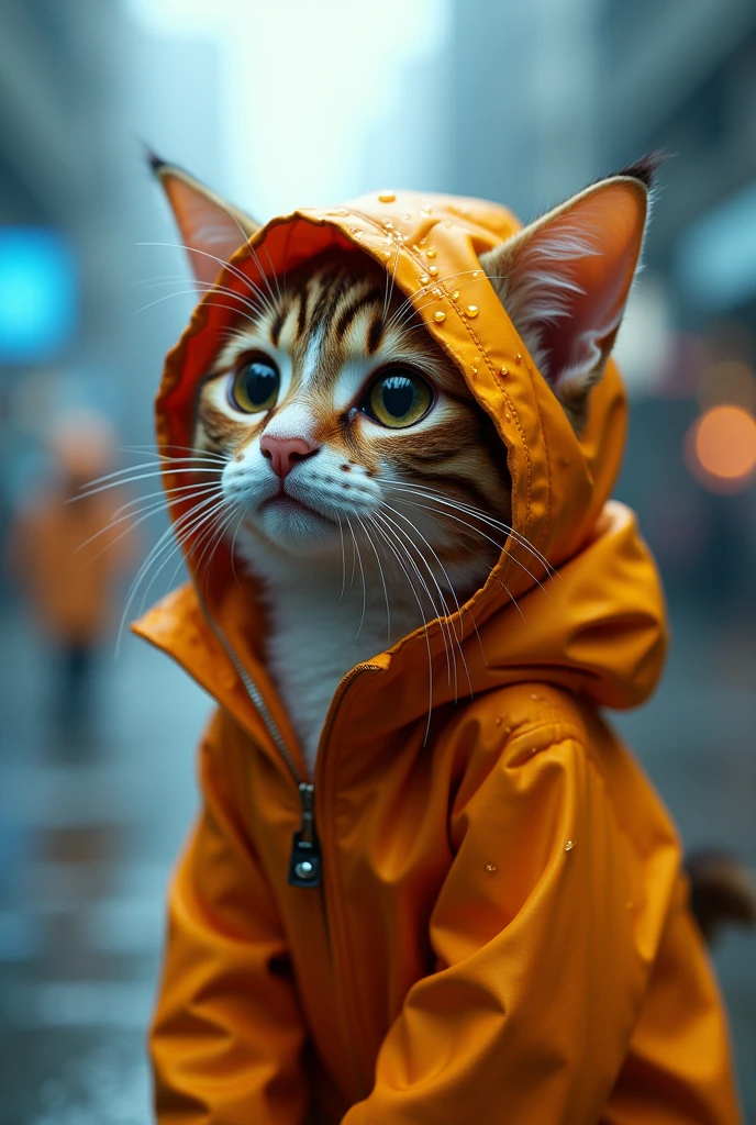 A brown and white cat with big eyes、Wearing an orange hooded raincoat。The cat is in a faintly shining futuristic cityscape.、Blurred blue and black lights can be seen in the background。There are raindrops on the hood、The cat is staring at something。The overall feel is cyberpunk.、The cat has a calm and relaxed look