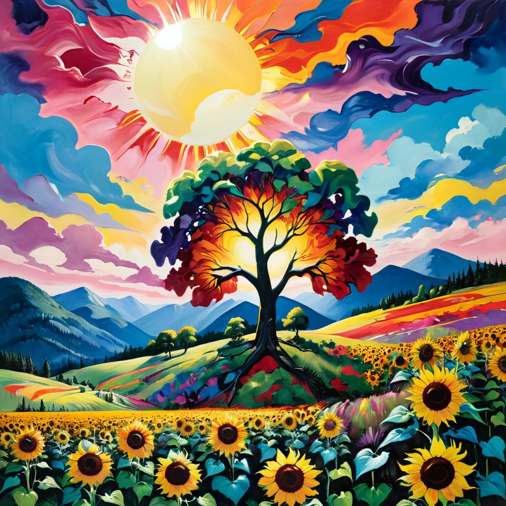 Masterpiece, best composition, dynamic composition, colorful landscape painting with sunflowers, trees and hills, colorful landscape painting, psychedelic landscape, vivid oil painting, vivid abstract landscape, color field painting. 8K, amazing colorful landscape, detailed impasto, colorful oil painting, psychedelic sky, mountains and colorful sun, painted landscape, colorful sky, hills with flowers, big trees on hills, summer day psychedelic, big colorful picture.