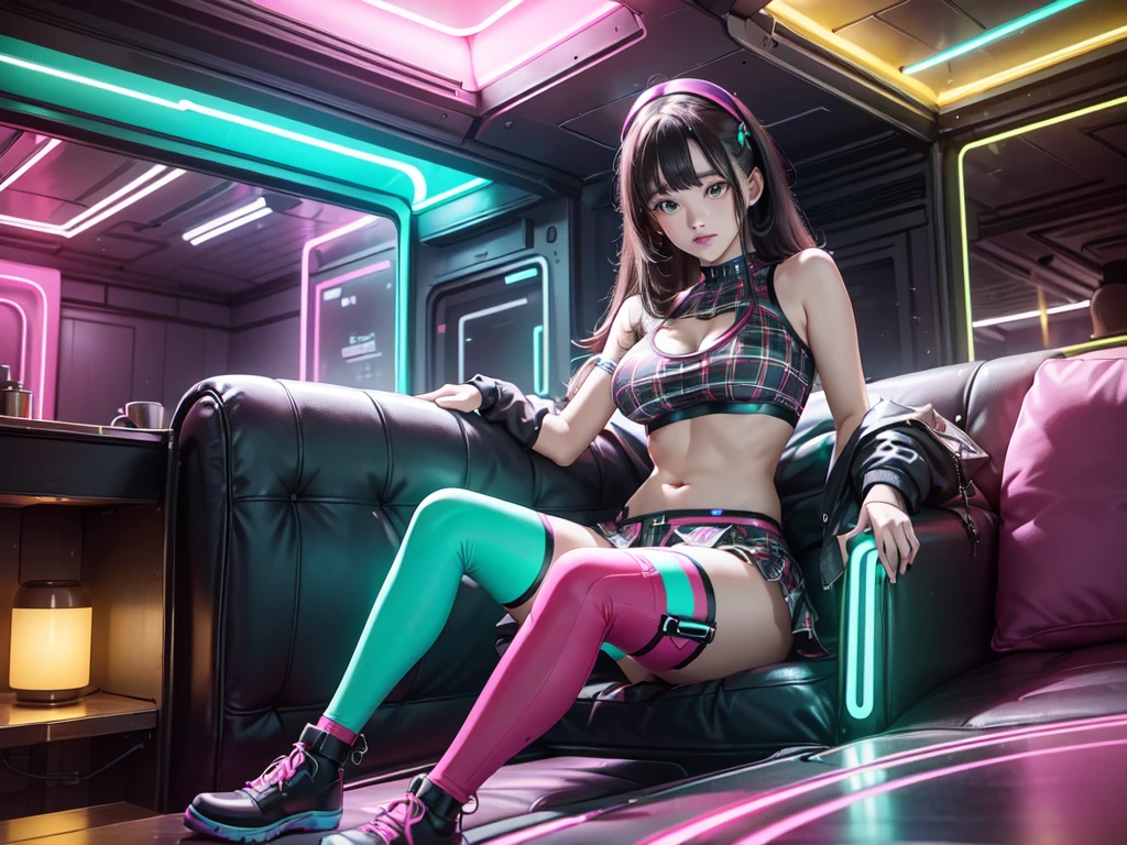 cute woman, tech wear, sitting in old-school sofa, retro plaid sofa, 70's atmoshphere, neon technologic outfit, glowing effects, crazy colors, great color palete, underboob, thighhighs,retro interiors, interior design,