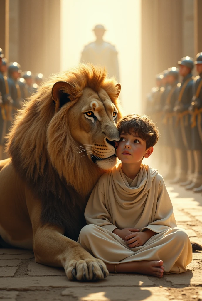 Young saint sitting with a lion with soldiers on the side, with a background of light