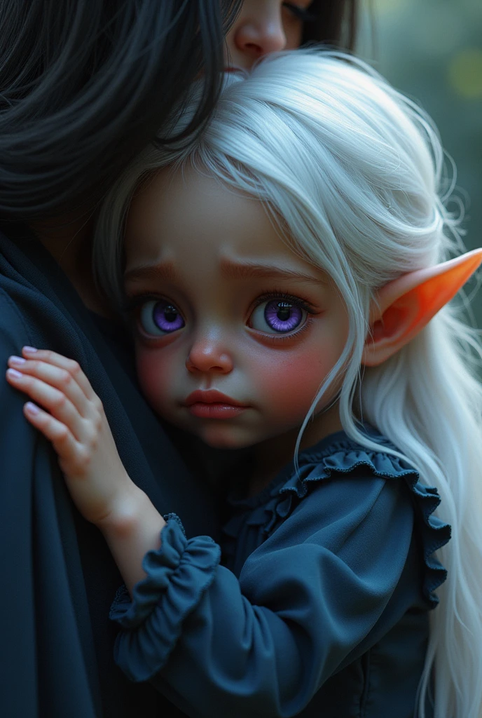 (((I want an elf  with dark skin, long white hair and detailed purple eyes, a childish and chubby body, wearing a dark blue dress with ruffles, Crying, hugging her mother)))