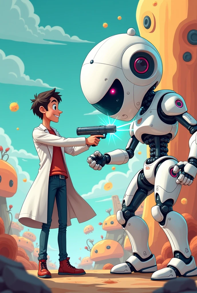Scientist Aryan defeat zeta white robot cartoon style pic 