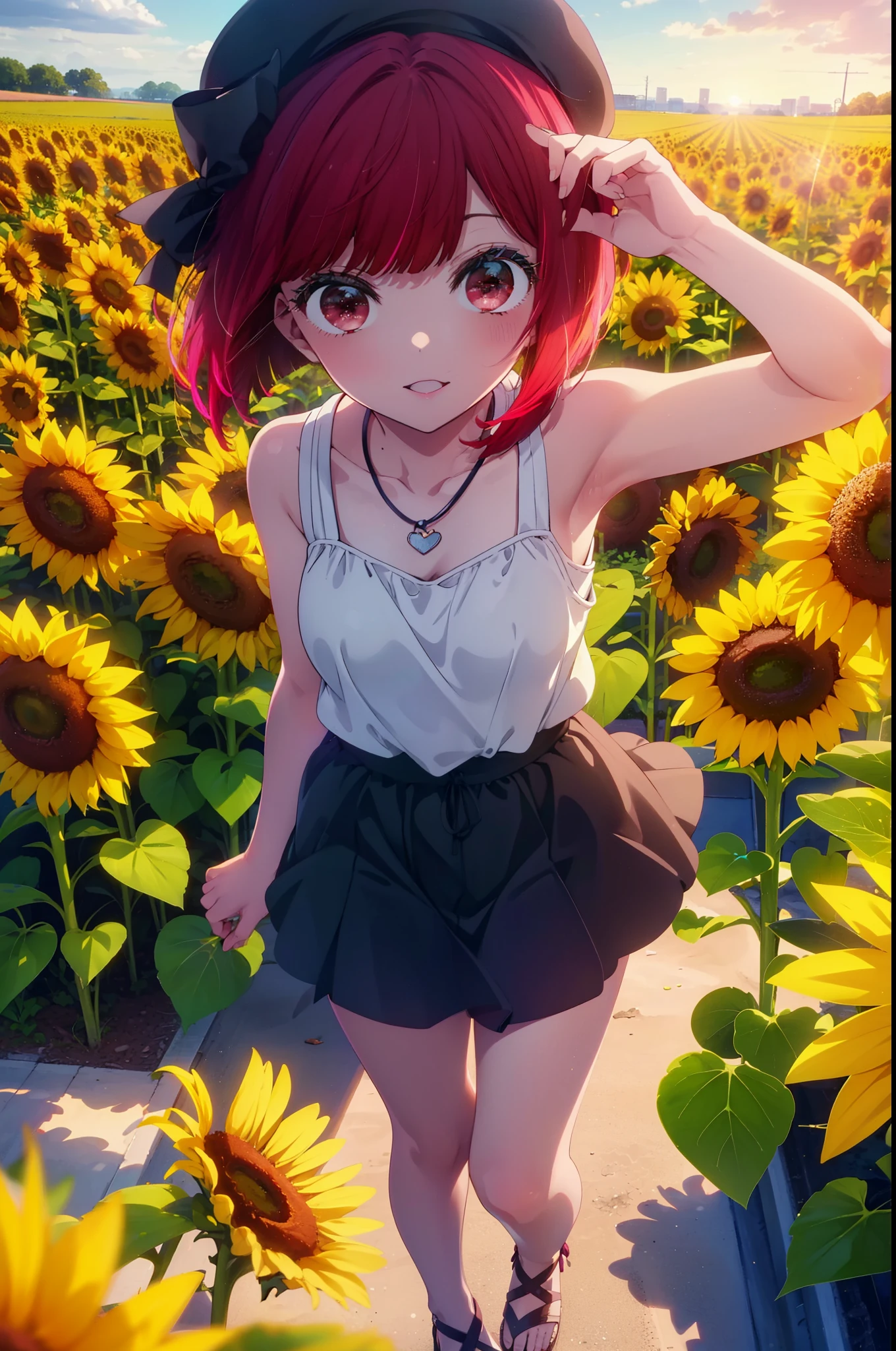 canary, Arima etc., short hair, bangs, (Red eyes:1.3), Redhead, Bobcut, smile,Open your mouth,Tank top,mini skirt,Cute heeled sandals,Heart Necklace,Are standing,Daytime,Clear skies,True Summer,Beret with ribbon,whole bodyがイラストに入るように,
break outdoors,Sunflower field,
break looking at viewer, whole body,
break (masterpiece:1.2), Highest quality, High resolution, unity 8k wallpaper, (figure:0.8), (Beautiful attention to detail:1.6), Highly detailed face, Perfect lighting, Highly detailed CG, (Perfect hands, Perfect Anatomy),