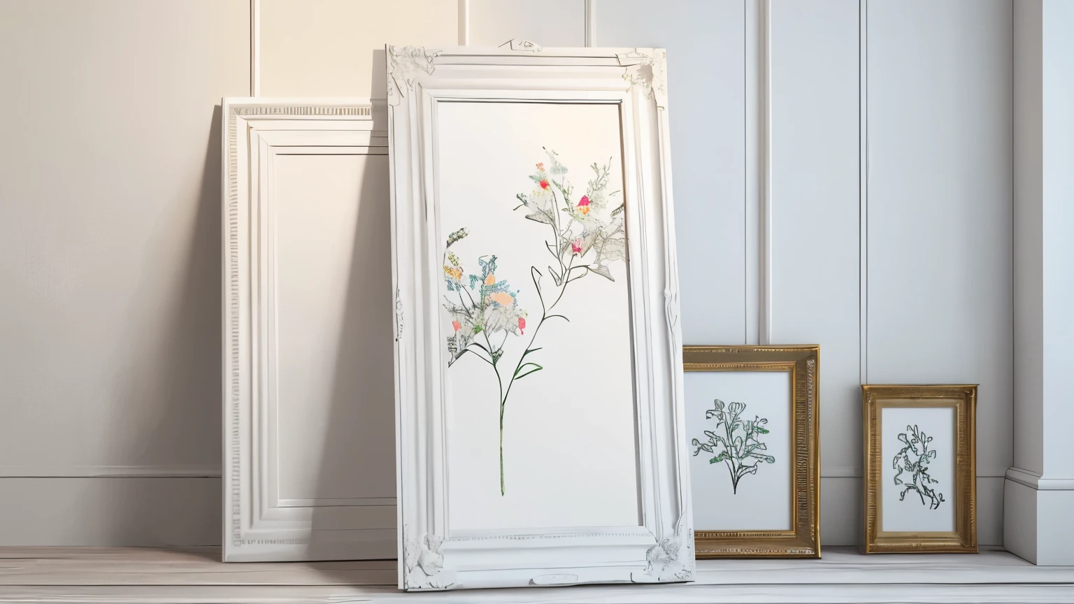 ((best quality)), ((masterpiece)), (detailed), image of mockup for painting, just make it very clean, designed for painting, the mockup can be white in the inside, the decoration flower beside the mockup frame 16:9 size