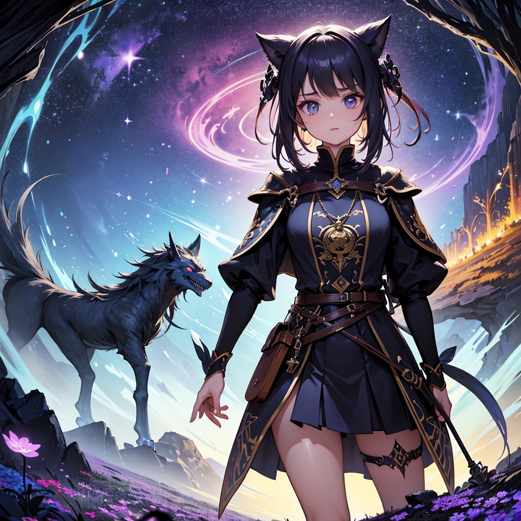 ((masterpiece, best quality, extremely detailed, absurdres)),1girl,cute,Create a highly detailed, realistic anime-style illustration featuring a young girl lost in a vast, exotic fantasy world. She stands at the center of the scene, surrounded by floating, surreal geometric objects, glowing mystical symbols, and otherworldly landscapes. The atmosphere is mysterious and dangerous, filled with rich colors, deep shadows, and fantastical creatures lurking in the background. Her expression should reflect both awe and determination as she embarks on her adventure through this new, unknown land. Incorporate elements of dramatic lighting with intricate details in the surrounding objects and scenery, emphasizing a sense of depth and wonder. The overall tone should be both magical and foreboding, with a sense of impending adventure and danger awaiting her. Include flowing capes, detailed textures on clothing, and use of rich, bold colors to enhance the epic feeling of the artwork.